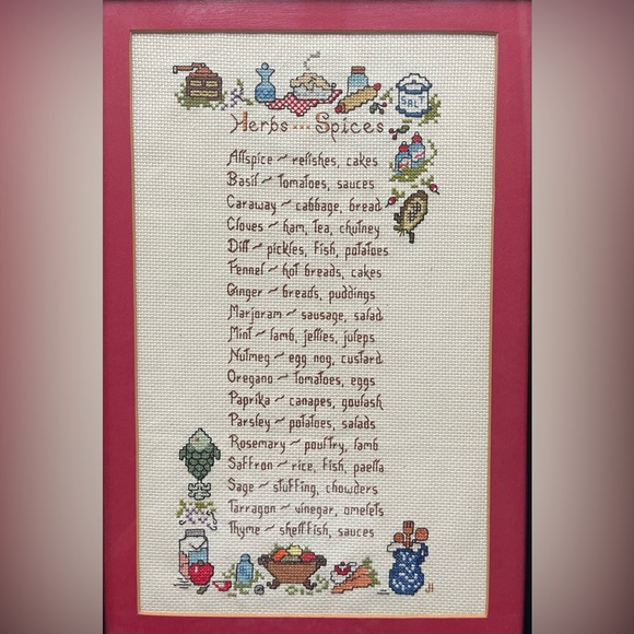 Vintage Herbs & Spices Uses Finished & Framed Counted Cross Stitch 11” x 16” - Picture 2 of 5